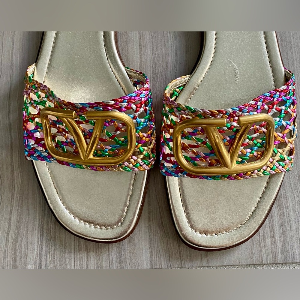 Valentino Garavani VLogo Multi-colormetallic leather weave slides. Size 40